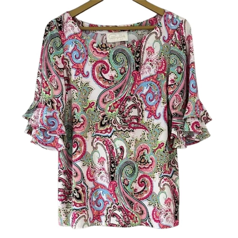 Pappagallo Paisley Blouse Pink Multicolor Ruffle Sleeve Summer Top